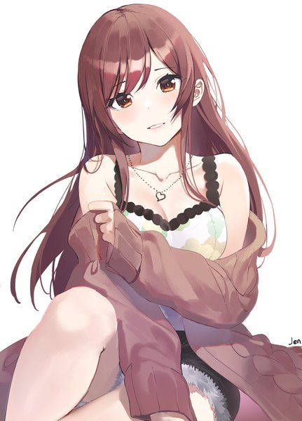 Anime picture 2790x3884 with idolmaster idolmaster shiny colors oosaki amana arjent single long hair tall image looking at viewer blush highres simple background brown hair white background sitting brown eyes cleavage parted lips head tilt girl heart