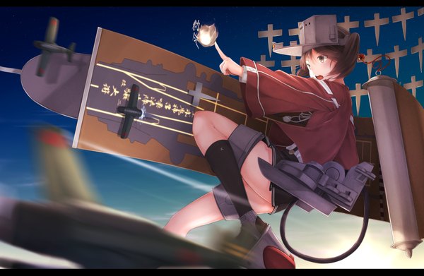 Anime picture 1840x1200 with kantai collection ryuujou light aircraft carrier waterdog single long hair highres brown hair brown eyes sky cloud (clouds) bent knee (knees) pleated skirt magic letterboxed girl skirt uniform school uniform socks headdress