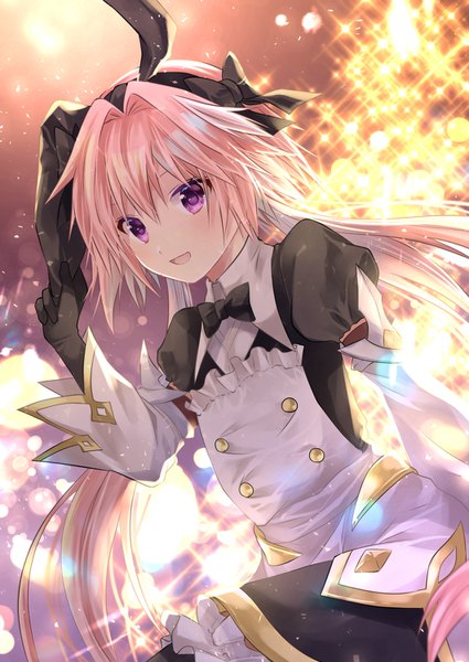 Anime picture 1062x1500 with fate (series) fate/grand order astolfo (fate) astolfo (saber) (fate) iroha (shiki) single long hair tall image fringe open mouth hair between eyes purple eyes twintails animal ears pink hair upper body :d sparkle low twintails fake animal ears