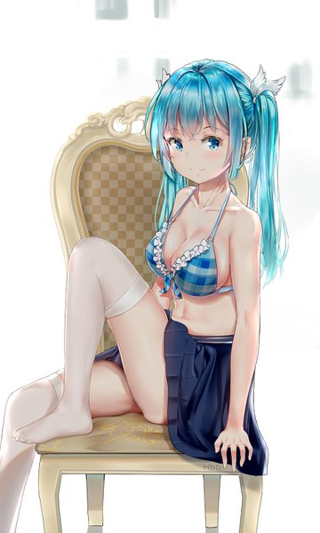Anime picture 900x1500 with vocaloid hatsune miku hbb single long hair tall image looking at viewer blush fringe breasts light erotic simple background smile white background sitting twintails bare shoulders signed cleavage pleated skirt