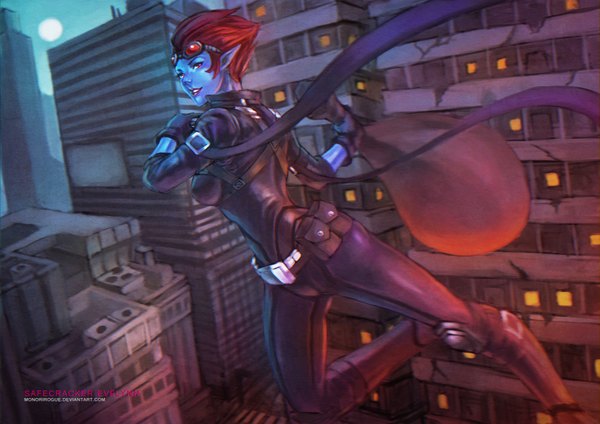 Anime-Bild 3508x2480 mit league of legends evelynn (league of legends) monori rogue single highres short hair smile red eyes absurdres red hair lips pointy ears city cityscape blue skin girl belt