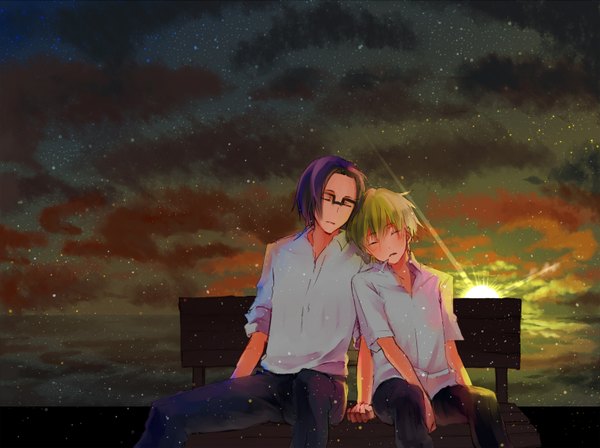 Anime picture 1528x1142 with durarara!! brains base (studio) heiwajima shizuo tanaka tom osamu hutoshi oq blonde hair sky purple hair cloud (clouds) sunlight multiple boys evening sunset sleeping scenic shounen ai twisty sleeves boy shirt glasses