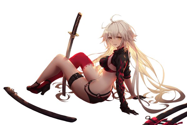 Anime picture 3616x2433 with fate (series) fate/grand order jeanne d'arc (fate) (all) jeanne d'arc alter (fate) jeanne d'arc alter (swimsuit berserker) (fate) godoju single long hair looking at viewer blush fringe highres breasts light erotic simple background hair between eyes white background sitting yellow eyes absurdres