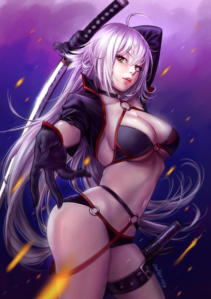 Anime picture 919x1300 with fate (series) fate/grand order jeanne d'arc (fate) (all) jeanne d'arc alter (fate) jeanne d'arc alter (swimsuit berserker) (fate) indigo039 single long hair tall image looking at viewer fringe breasts light erotic simple background hair between eyes large breasts standing signed yellow eyes payot