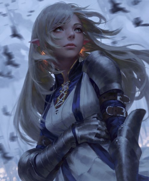 Anime picture 1400x1690 with original guweiz single long hair tall image fringe breasts blue eyes blonde hair payot looking away upper body wind lips pointy ears blurry realistic lacing glow girl