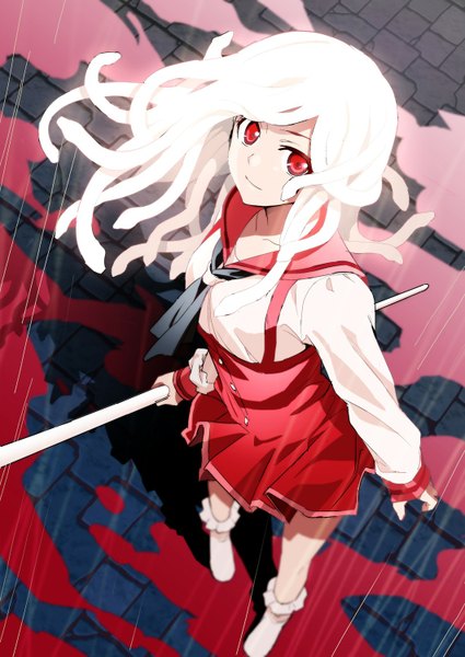 Anime picture 1062x1500 with otorimonogatari shaft (studio) monogatari (series) sengoku nadeko nadeko medusa akechi shizuku single long hair tall image looking at viewer red eyes standing full body white hair from above girl socks serafuku blood white socks