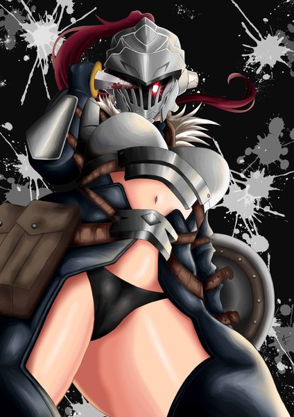 Anime picture 2480x3508 with goblin slayer! white fox goblin slayer user anyh2548 single tall image looking at viewer highres breasts light erotic simple background red eyes large breasts standing holding from below fur trim shiny skin black background genderswap