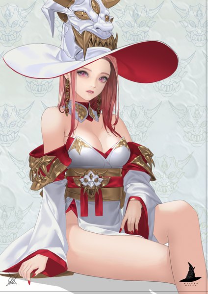 Anime picture 7000x9899 with original ake (cherrylich) single long hair tall image looking at viewer highres breasts light erotic large breasts sitting bare shoulders signed pink hair absurdres cleavage nail polish traditional clothes parted lips japanese clothes