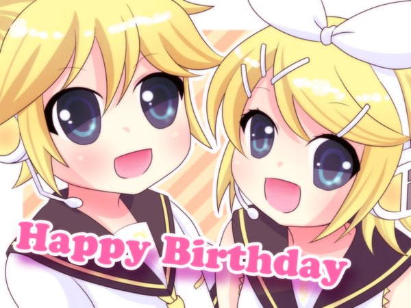 Anime picture 1600x1200 with vocaloid kagamine rin kagamine len mamakari looking at viewer blush short hair open mouth blue eyes blonde hair from above siblings twins happy birthday sailor collar brother and sister girl boy bow hair bow