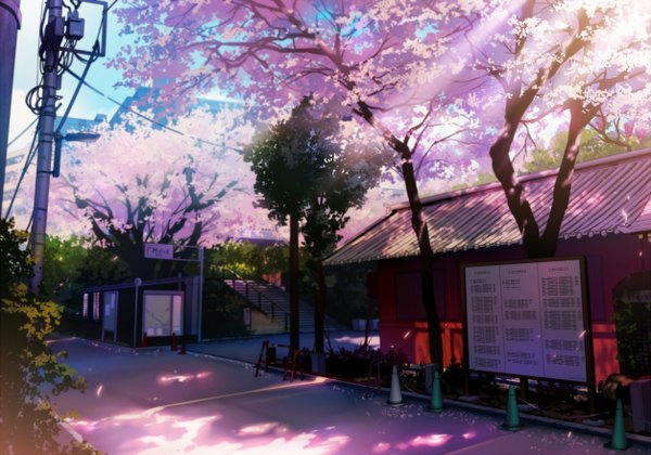 Anime picture 1254x878 with original mogumo sky sunlight shadow cherry blossoms no people scenic glow street plant (plants) petals tree (trees) traffic sign