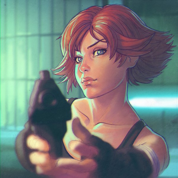 Anime picture 1080x1080 with metal gear metal gear solid konami meryl silverburgh ilya kuvshinov single looking at viewer short hair blue eyes bare shoulders upper body red hair lips realistic depth of field outstretched arm girl gloves weapon fingerless gloves