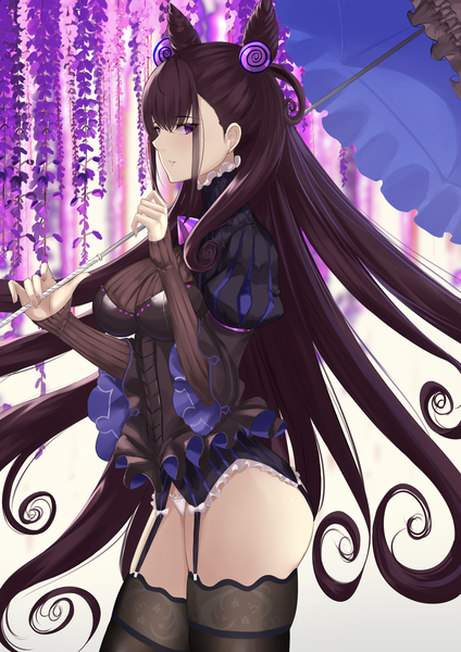 Anime picture 1281x1812 with fate (series) fate/grand order murasaki shikibu (fate) yamikyon single long hair tall image looking at viewer blush fringe breasts light erotic hair between eyes brown hair standing purple eyes holding payot parted lips profile