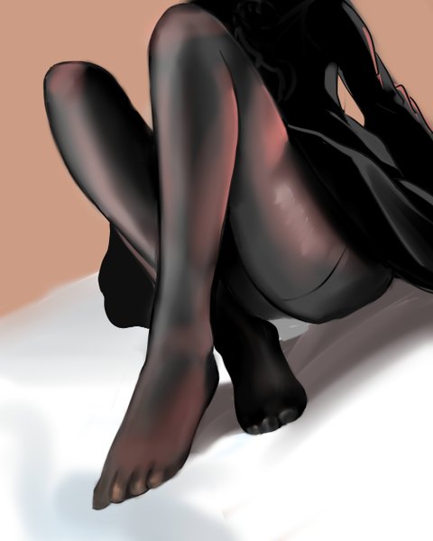 Anime picture 4000x5000 with nier nier:automata yorha no. 2 type b crisscro single tall image highres light erotic simple background sitting absurdres bent knee (knees) long sleeves shadow dutch angle no shoes legs crossed legs head out of frame girl