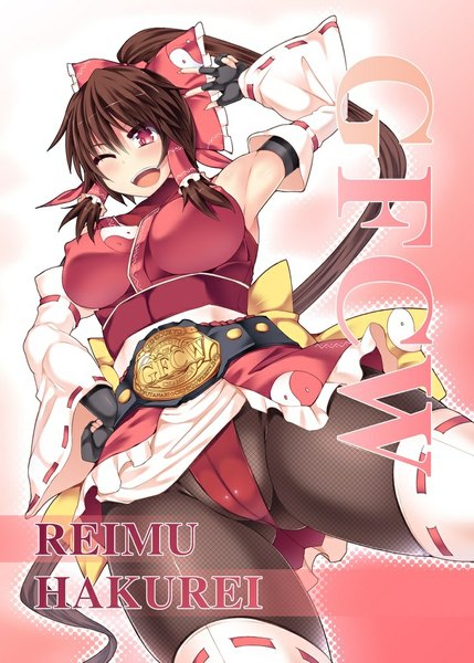 Anime picture 715x1000 with touhou hakurei reimu hisui (stapspats) single tall image breasts open mouth light erotic smile red eyes brown hair ponytail very long hair one eye closed wink from below armpit (armpits) character names hand on hip victory