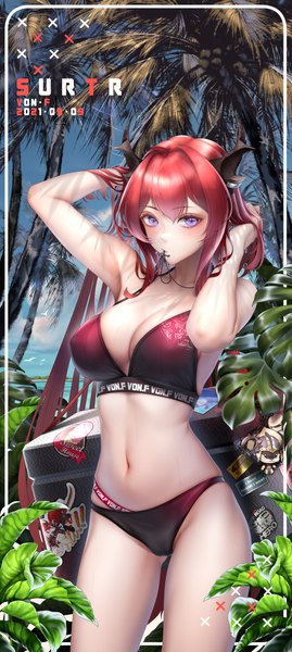 Anime-Bild 2583x5760 mit arknights surtr (arknights) von.franken single long hair tall image looking at viewer blush fringe highres breasts light erotic hair between eyes large breasts purple eyes holding signed sky cleavage cloud (clouds)
