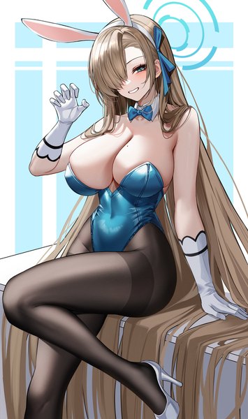Anime-Bild 1537x2600 mit blue archive asuna (blue archive) asuna (bunny) (blue archive) eternity (shadeh) single tall image looking at viewer blush fringe breasts blue eyes light erotic simple background blonde hair large breasts sitting animal ears very long hair arm up hair over one eye