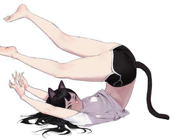Anime picture 1875x1500 with original dongho kang single long hair looking at viewer fringe highres light erotic black hair simple background white background animal ears yellow eyes full body tail lying animal tail barefoot fingernails cat ears