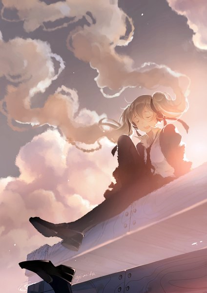 Anime picture 849x1200 with vocaloid hatsune miku ajimita single tall image open mouth sitting twintails signed sky cloud (clouds) eyes closed very long hair green hair floating hair reflection girl ribbon (ribbons) hair ribbon necktie