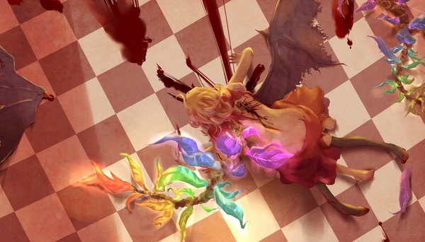 Anime picture 1750x1000 with touhou flandre scarlet remilia scarlet koko (bemaec) highres short hair blonde hair wide image multiple girls from above back checkered floor bat wings battle torn wings girl thighhighs black thighhighs 2 girls wings