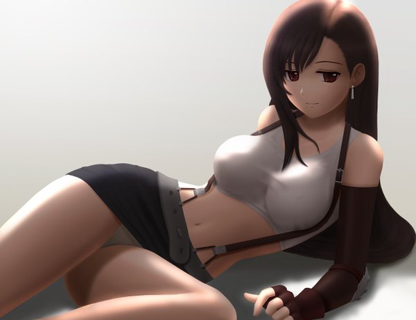 Anime picture 1300x1000 with final fantasy vii tifa lockhart siraha light erotic red eyes brown hair white background pantyshot 3d gloves navel fingerless gloves jewelry crop top suspenders tank top buckles