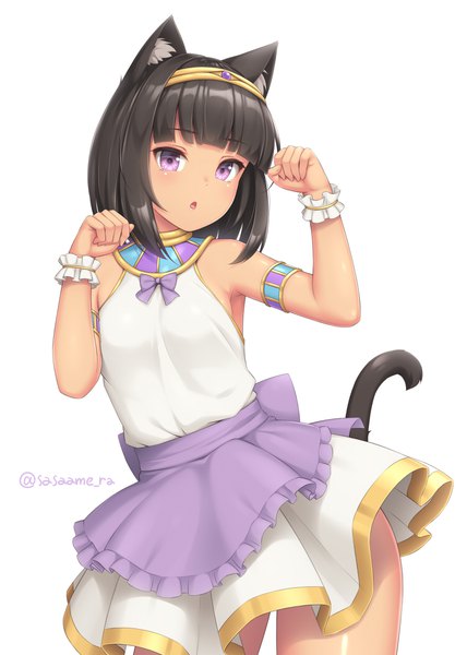 Anime picture 750x1050 with original sasaame single tall image looking at viewer blush fringe short hair open mouth black hair simple background standing white background purple eyes signed animal ears tail blunt bangs animal tail cat ears