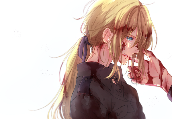 Anime picture 1225x852 with violet evergarden kyoto animation violet evergarden (character) roukaku17 single long hair fringe blue eyes blonde hair simple background hair between eyes white background payot looking away upper body profile teeth tears low ponytail outstretched hand
