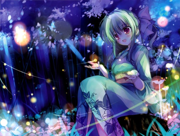 イラスト 6699x5052 と みけおう ソロ 長髪 highres 開いた口 赤い目 座る looking away absurdres アホ毛 traditional clothes 和服 green hair night 女の子 リボン ヘアリボン 花弁 着物 虫