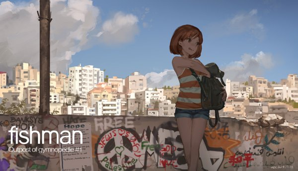 Anime picture 1559x895 with original hjl single short hair brown hair wide image signed looking away sky cloud (clouds) inscription grey eyes sleeveless city cityscape scenic :q graffiti girl shorts