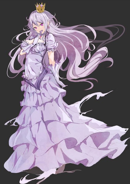 Anime-Bild 885x1252 mit super mario bros. new super mario bros. u deluxe princess king boo yukishiro arute single long hair tall image looking at viewer fringe open mouth simple background hair between eyes standing silver hair full body pink eyes teeth finger to mouth black background sharp teeth