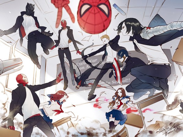 Anime picture 1339x1007 with marvel comics spider-man (series) spiderman black widow iron man (character) scarlet witch (avengers) captain america winter soldier (bucky) hawkeye hawkeye (marvel) black panther ant-man vision yasai (getsu) long hair short hair black hair blonde hair brown hair multiple girls