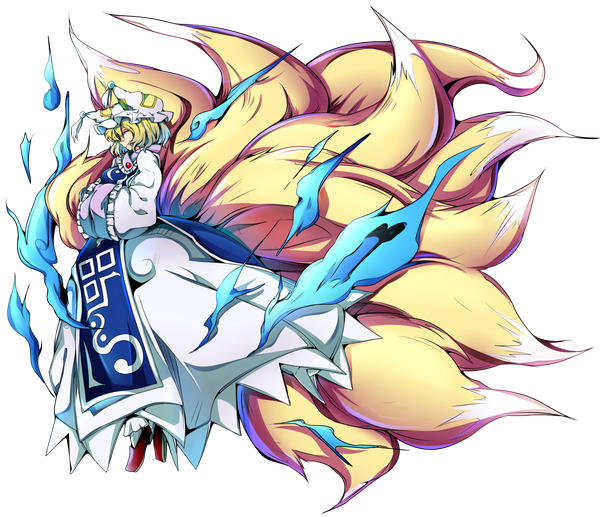 Anime picture 1462x1261 with touhou yakumo ran baba (baba seimaijo) single short hair blonde hair full body tail long sleeves animal tail profile wide sleeves fox tail transparent background multiple tails kyuubi girl dress hat shoes