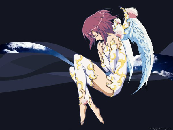 Anime picture 1600x1200 with kaleido star gonzo naegino sora single short hair bare shoulders signed pink hair eyes closed profile barefoot hands clasped embryo's pose girl detached sleeves wings
