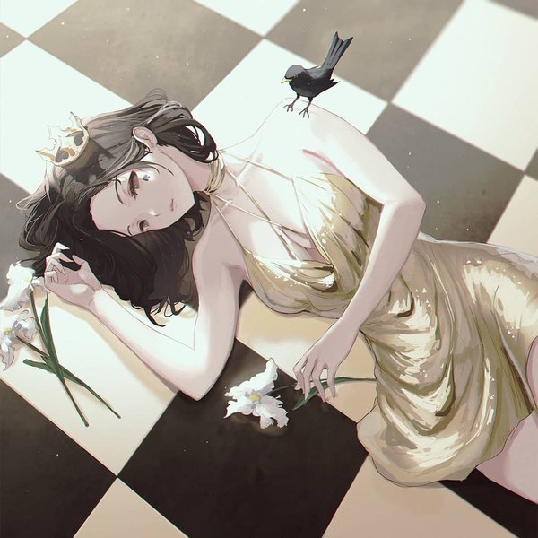 Anime picture 1080x1080 with original erospanda single long hair looking at viewer breasts light erotic black hair bare shoulders cleavage lying grey eyes facial mark on side checkered floor floor animal on shoulder bird on shoulder girl dress