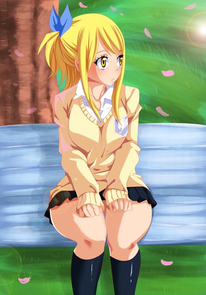 Anime picture 2800x4000 with fairy tail lucy heartfilia tongasart single long hair tall image blush highres blonde hair yellow eyes ponytail pleated skirt coloring side ponytail girl skirt uniform bow hair bow school uniform