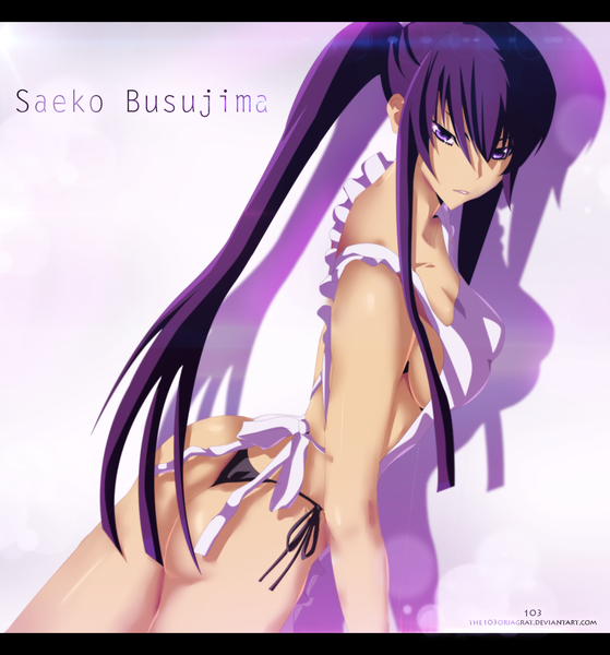 Anime picture 1193x1282 with highschool of the dead madhouse busujima saeko the103orjagrat single long hair tall image light erotic purple eyes purple hair ass ponytail looking back inscription shadow coloring letterboxed girl apron