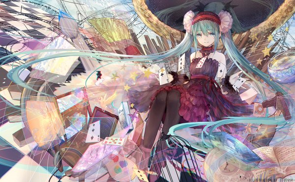 Anime picture 1200x744 with 7th dragon 2020 vocaloid hatsune miku bai qi-qsr single looking at viewer fringe smile hair between eyes wide image sitting twintails bare shoulders signed payot full body bent knee (knees) very long hair aqua eyes aqua hair