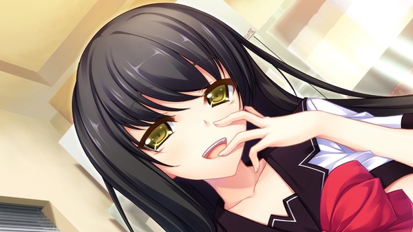 Anime picture 1280x720 with lovesick puppies long hair looking at viewer open mouth black hair wide image yellow eyes game cg hand to mouth girl