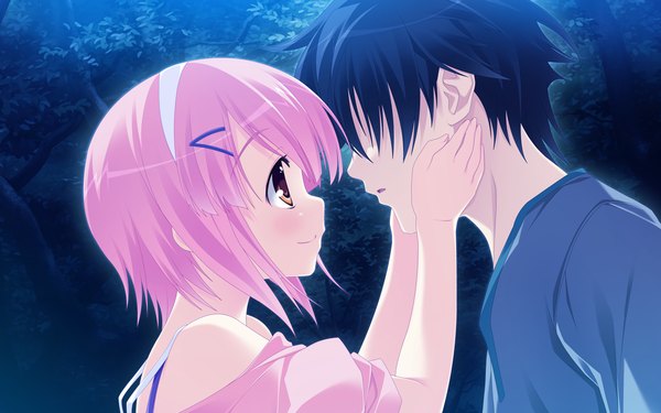 Anime picture 1280x800 with zutto tsukushite ageru no! yagihara nanami black hair wide image brown eyes pink hair game cg couple almost kiss girl boy hairband