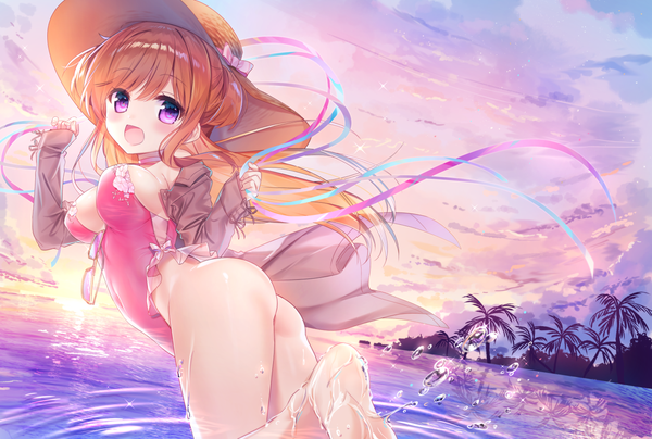 Anime picture 1483x1000 with original mofukoke single long hair blush breasts open mouth light erotic smile purple eyes sky cloud (clouds) bent knee (knees) ass :d arm up orange hair open jacket two side up covered navel