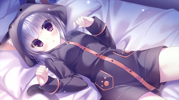 Anime picture 1024x576 with kimi e okuru, sora no hana nakajou an yukie (peach candy) blush short hair red eyes wide image game cg silver hair lying loli girl pajamas