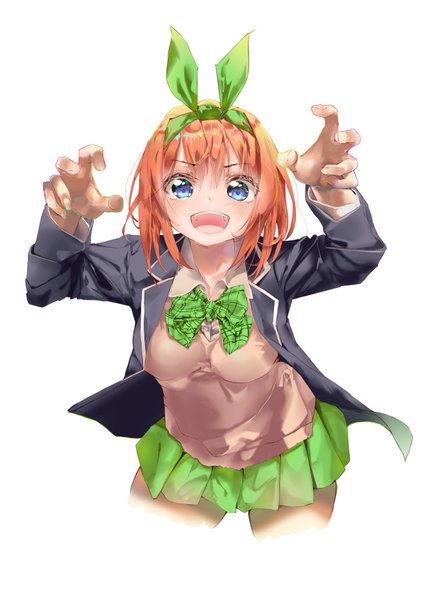 Anime picture 2605x3684 with go-toubun no hanayome nakano yotsuba 0364p single tall image looking at viewer blush fringe highres short hair breasts open mouth simple background hair between eyes white background upper body long sleeves :d pleated skirt orange hair
