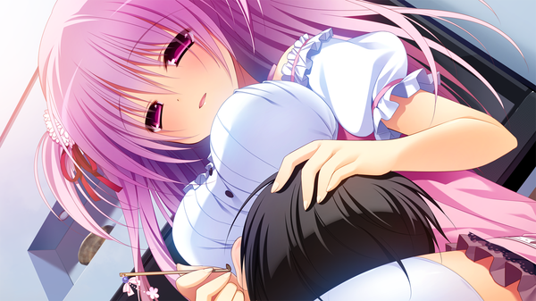 Anime picture 1280x720 with innocent girl midou konoka nanaka mai long hair blush short hair breasts open mouth light erotic black hair wide image pink hair game cg pink eyes couple girl thighhighs dress boy white thighhighs