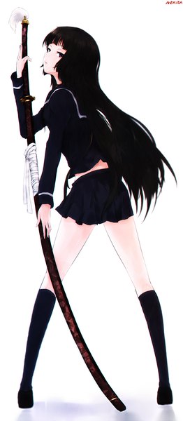 Anime picture 699x1595 with ga-rei zero isayama yomi nekoya (liu) single long hair tall image looking at viewer black hair simple background standing white background holding signed full body pleated skirt looking back from behind black eyes revision sheathed