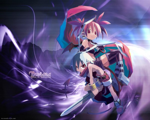 Anime picture 1280x1024 with disgaea etna (disgaea) laharl harada takehito looking at viewer fringe short hair hair between eyes red eyes twintails blue hair red hair copyright name slit pupils third-party edit girl thighhighs boy weapon earrings