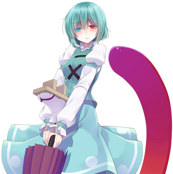 Anime picture 1350x1360 with touhou tatara kogasa crote single tall image looking at viewer blush short hair blue hair heterochromia transparent background closed umbrella girl dress tongue umbrella