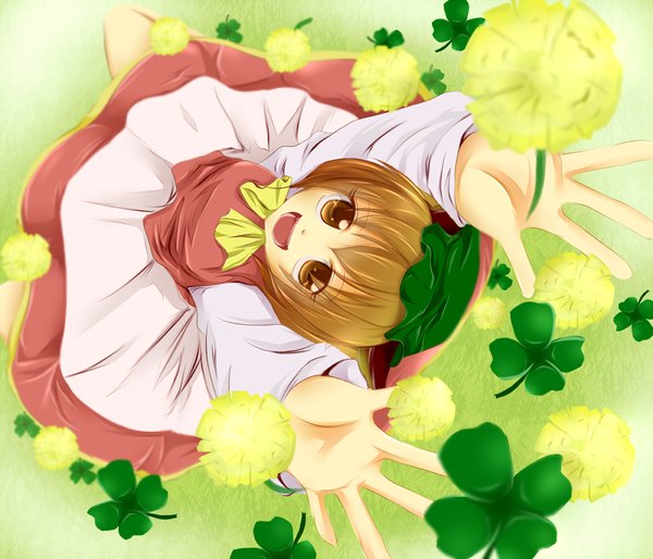 Anime picture 1200x1028 with touhou chen rikkunia short hair open mouth brown hair brown eyes happy looking up girl flower (flowers) bow hair bow clover (plant)