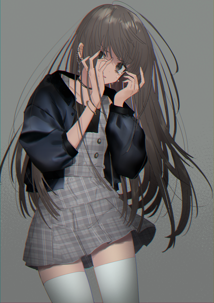 Anime picture 800x1129 with original yuyupo single long hair tall image looking at viewer fringe open mouth black hair simple background hair between eyes standing ahoge pleated skirt grey hair grey background open clothes grey eyes zettai ryouiki tears