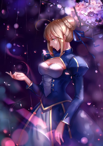 Anime picture 1080x1528 with fate (series) fate/stay night artoria pendragon (all) saber asanogawa (tutufcc) single long hair tall image breasts blonde hair green eyes looking away cleavage ahoge braid (braids) long sleeves profile cherry blossoms lens flare girl