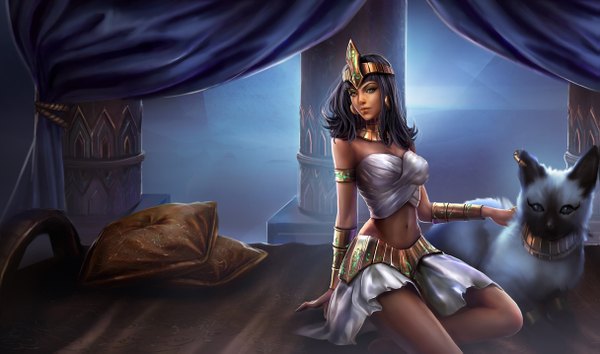 Anime picture 1215x717 with league of legends nidalee (league of legends) long hair looking at viewer black hair wide image sitting midriff orange eyes dark skin girl navel hair ornament earrings choker bracelet headdress pillow bed cat