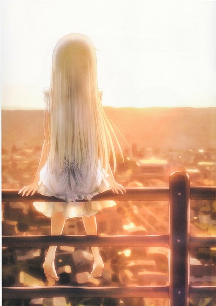 Anime picture 1059x1500 with ano hi mita hana no namae wo bokutachi wa mada shiranai a-1 pictures honma meiko goto p single long hair tall image sitting barefoot from behind evening sunset cityscape girl sundress